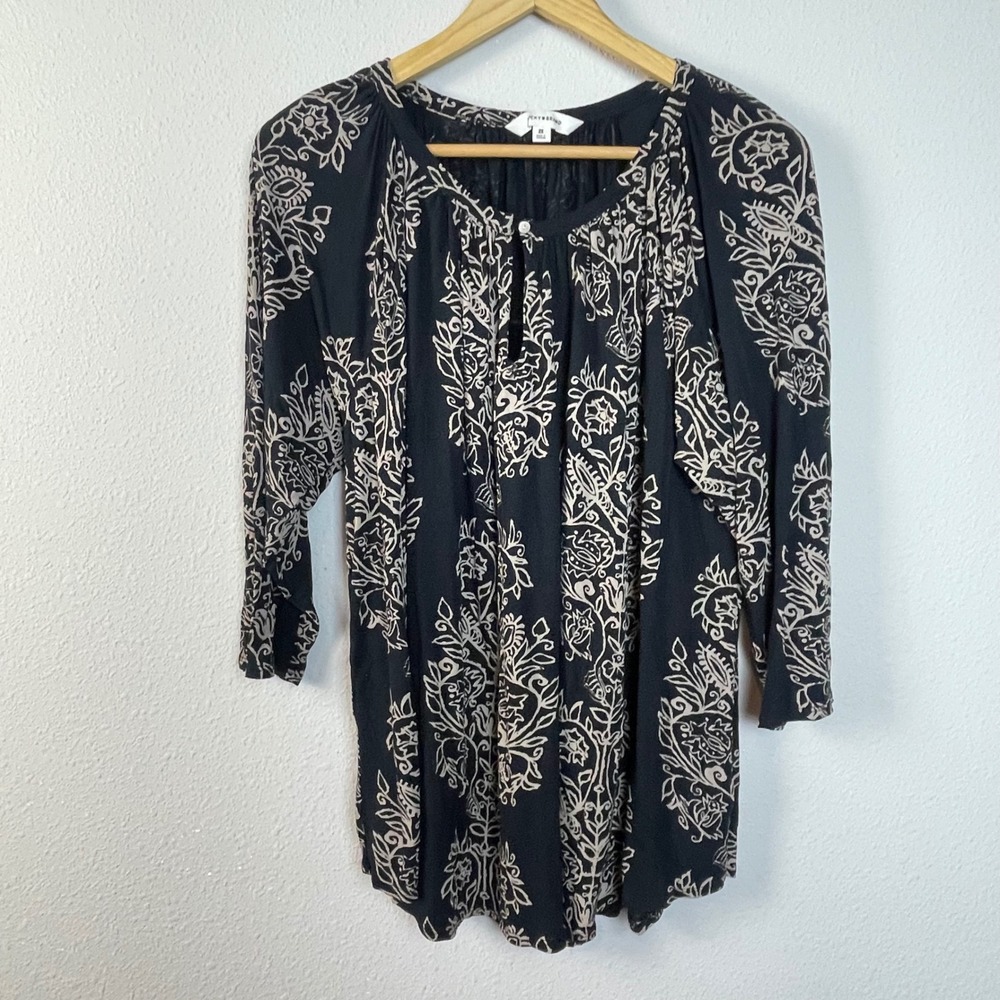 Lucky Brand Black Beige Paisley Print Tunic Top Plus Size 2X Long Sleeve